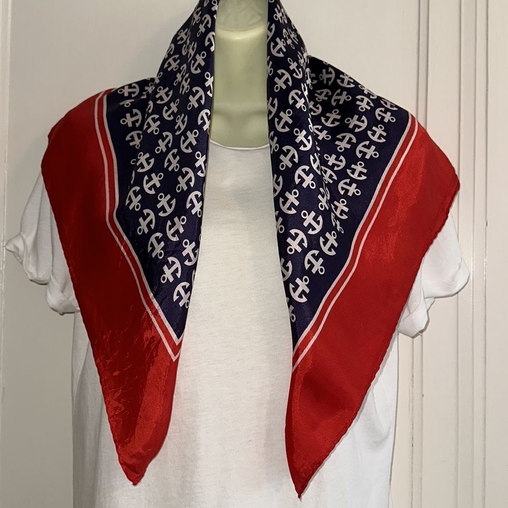Vtg 60s Glensder Textile‎ red, white & blue anchor print nautical themed scarf - Picture 7 of 8